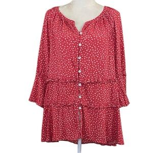 Beach Lunch Lounge Red Floral‎ Ruffled Relaxed Oversized Button Top Sz S